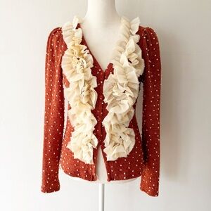 Ryu Women Ruffle Beaded Cardigan Small Boho Feminine Woodland Twee Cottage Brown